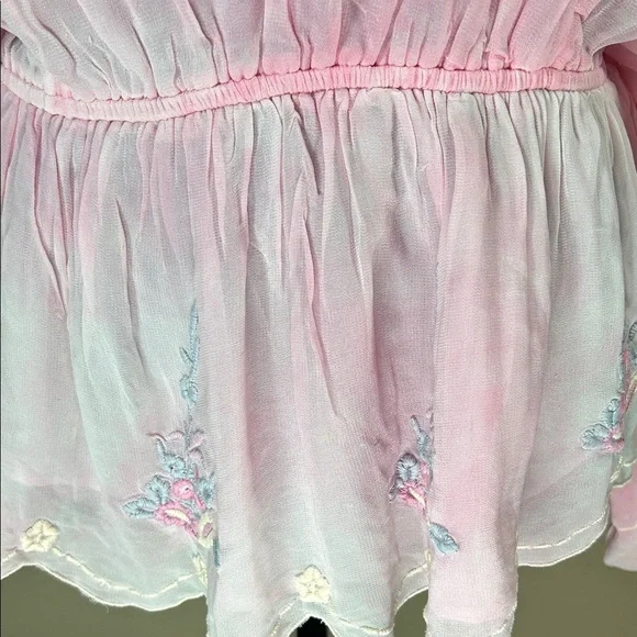 LoveShackFancy Pink Sheer Embroidered Blouse long Billowy Sleeves Size Large - Picture 6 of 10